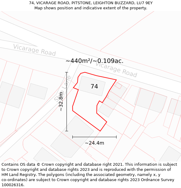 74, VICARAGE ROAD, PITSTONE, LEIGHTON BUZZARD, LU7 9EY: Plot and title map