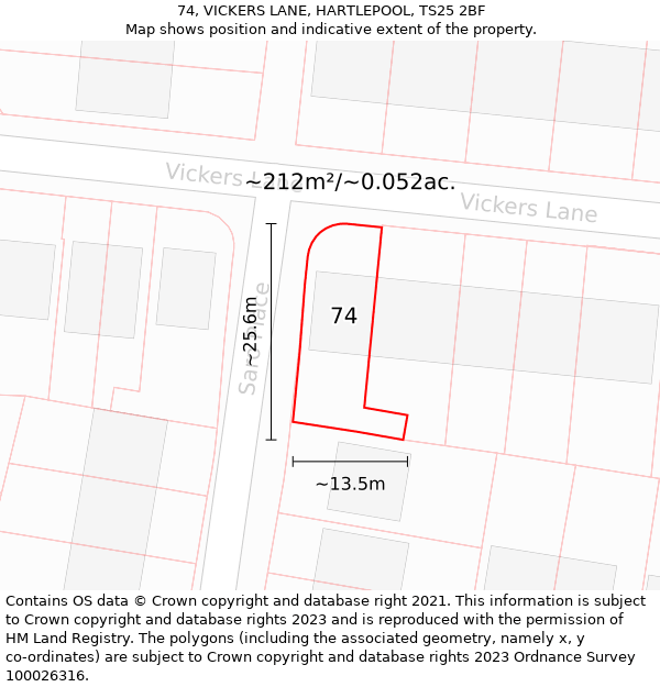 74, VICKERS LANE, HARTLEPOOL, TS25 2BF: Plot and title map