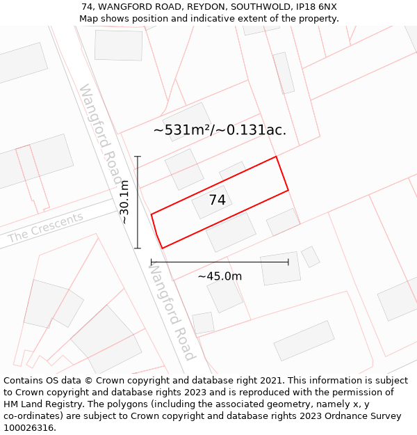 74, WANGFORD ROAD, REYDON, SOUTHWOLD, IP18 6NX: Plot and title map