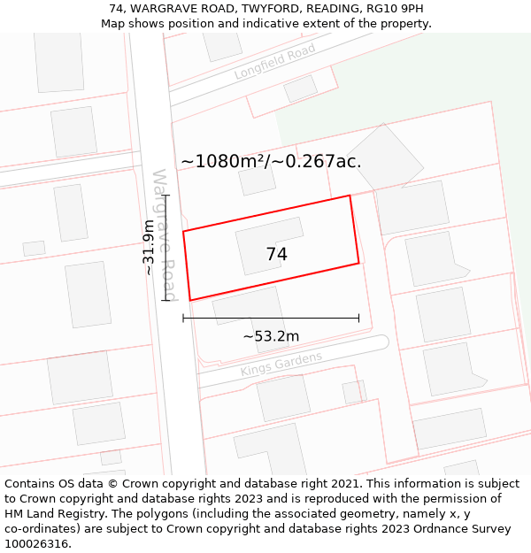 74, WARGRAVE ROAD, TWYFORD, READING, RG10 9PH: Plot and title map