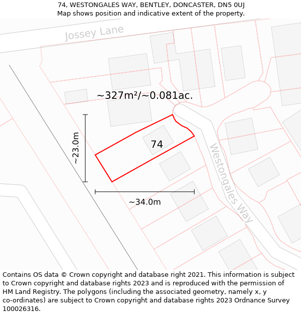 74, WESTONGALES WAY, BENTLEY, DONCASTER, DN5 0UJ: Plot and title map