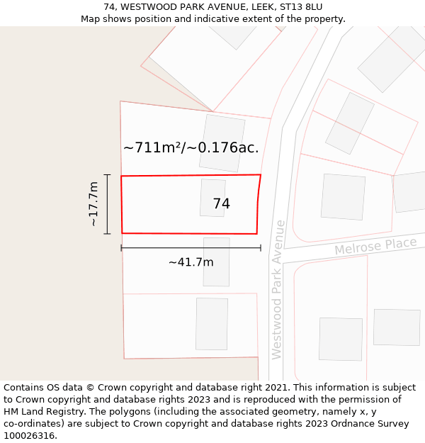 74, WESTWOOD PARK AVENUE, LEEK, ST13 8LU: Plot and title map