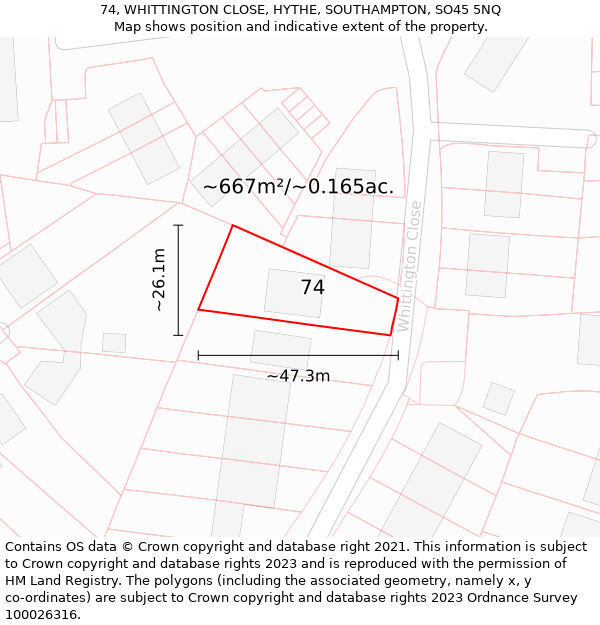 74, WHITTINGTON CLOSE, HYTHE, SOUTHAMPTON, SO45 5NQ: Plot and title map