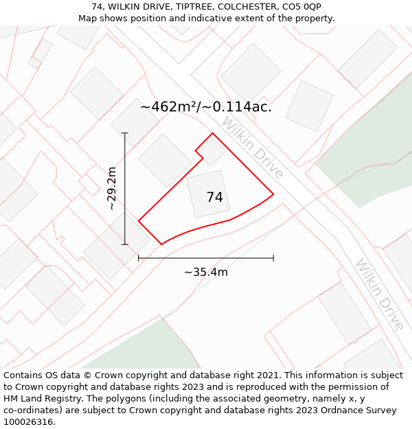 74, WILKIN DRIVE, TIPTREE, COLCHESTER, CO5 0QP: Plot and title map