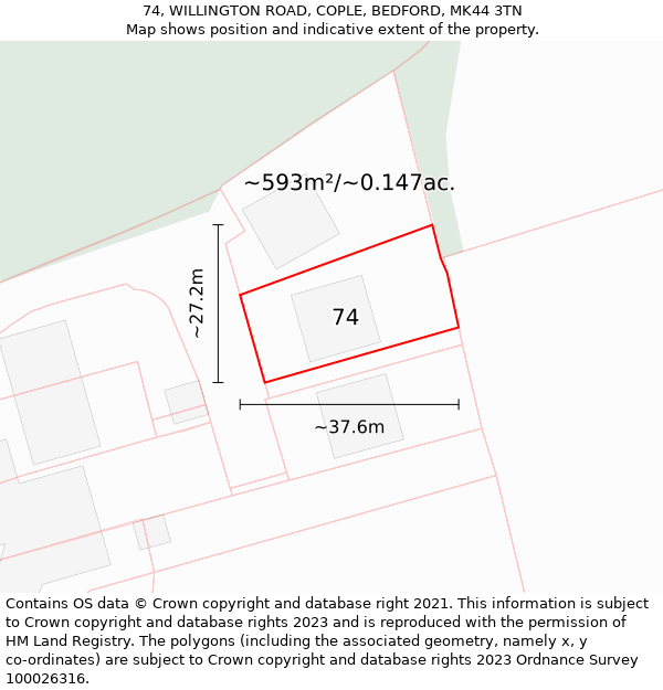 74, WILLINGTON ROAD, COPLE, BEDFORD, MK44 3TN: Plot and title map