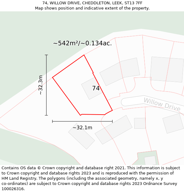 74, WILLOW DRIVE, CHEDDLETON, LEEK, ST13 7FF: Plot and title map