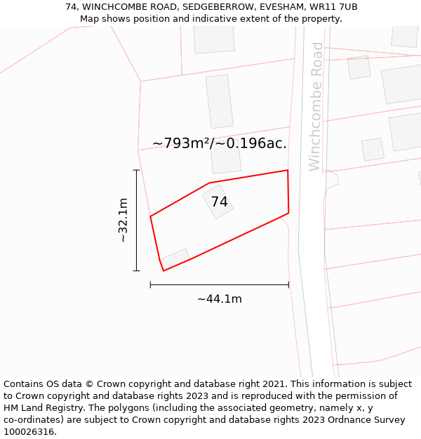 74, WINCHCOMBE ROAD, SEDGEBERROW, EVESHAM, WR11 7UB: Plot and title map