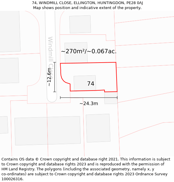 74, WINDMILL CLOSE, ELLINGTON, HUNTINGDON, PE28 0AJ: Plot and title map