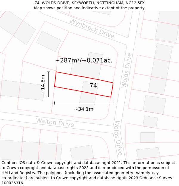 74, WOLDS DRIVE, KEYWORTH, NOTTINGHAM, NG12 5FX: Plot and title map