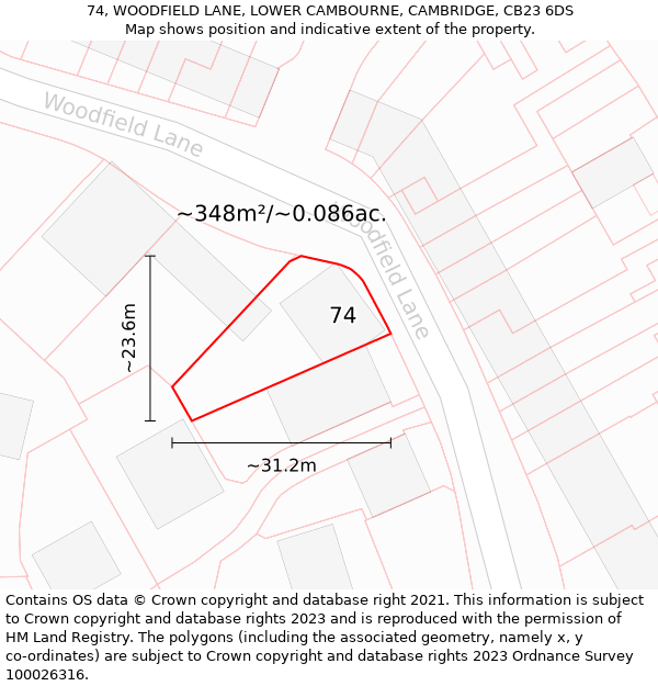 74, WOODFIELD LANE, LOWER CAMBOURNE, CAMBRIDGE, CB23 6DS: Plot and title map