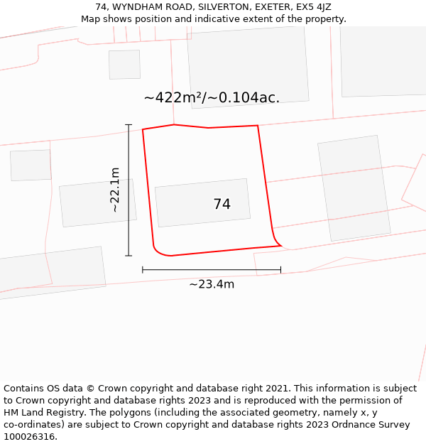 74, WYNDHAM ROAD, SILVERTON, EXETER, EX5 4JZ: Plot and title map