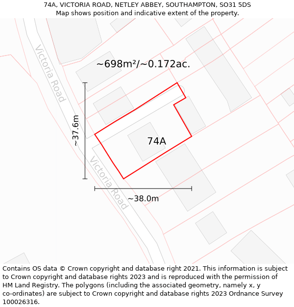 74A, VICTORIA ROAD, NETLEY ABBEY, SOUTHAMPTON, SO31 5DS: Plot and title map