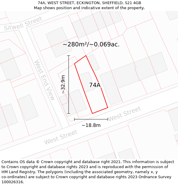 74A, WEST STREET, ECKINGTON, SHEFFIELD, S21 4GB: Plot and title map