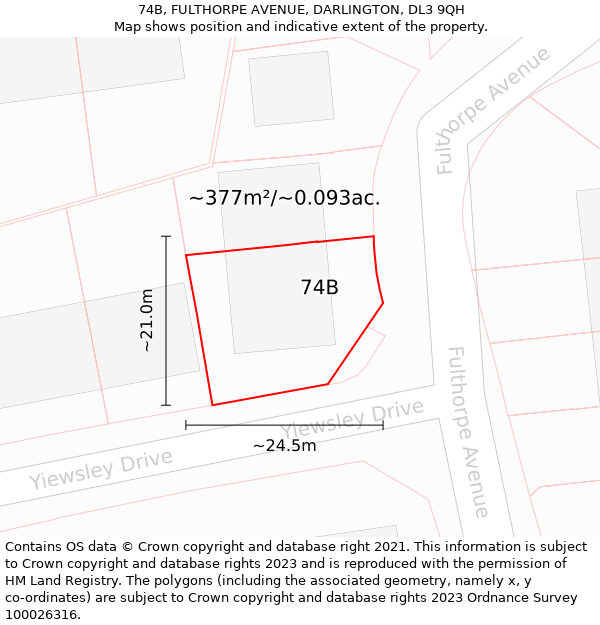 74B, FULTHORPE AVENUE, DARLINGTON, DL3 9QH: Plot and title map