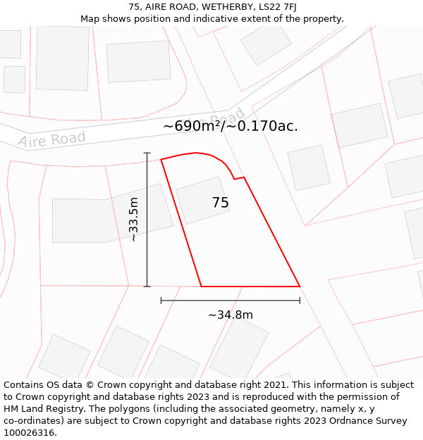 75, AIRE ROAD, WETHERBY, LS22 7FJ: Plot and title map