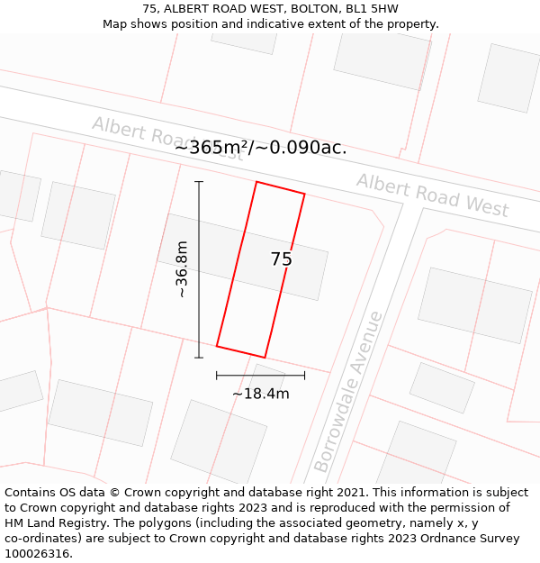 75, ALBERT ROAD WEST, BOLTON, BL1 5HW: Plot and title map