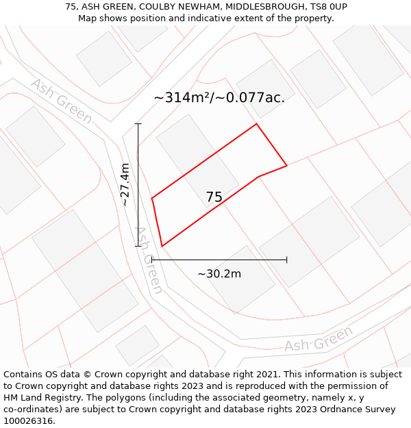 75, ASH GREEN, COULBY NEWHAM, MIDDLESBROUGH, TS8 0UP: Plot and title map