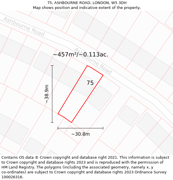 75, ASHBOURNE ROAD, LONDON, W5 3DH: Plot and title map