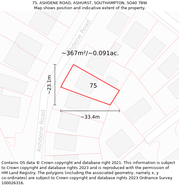 75, ASHDENE ROAD, ASHURST, SOUTHAMPTON, SO40 7BW: Plot and title map