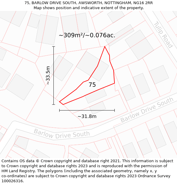 75, BARLOW DRIVE SOUTH, AWSWORTH, NOTTINGHAM, NG16 2RR: Plot and title map