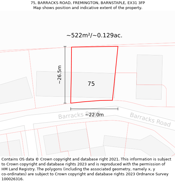 75, BARRACKS ROAD, FREMINGTON, BARNSTAPLE, EX31 3FP: Plot and title map