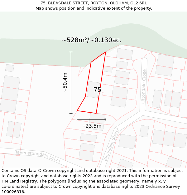 75, BLEASDALE STREET, ROYTON, OLDHAM, OL2 6RL: Plot and title map