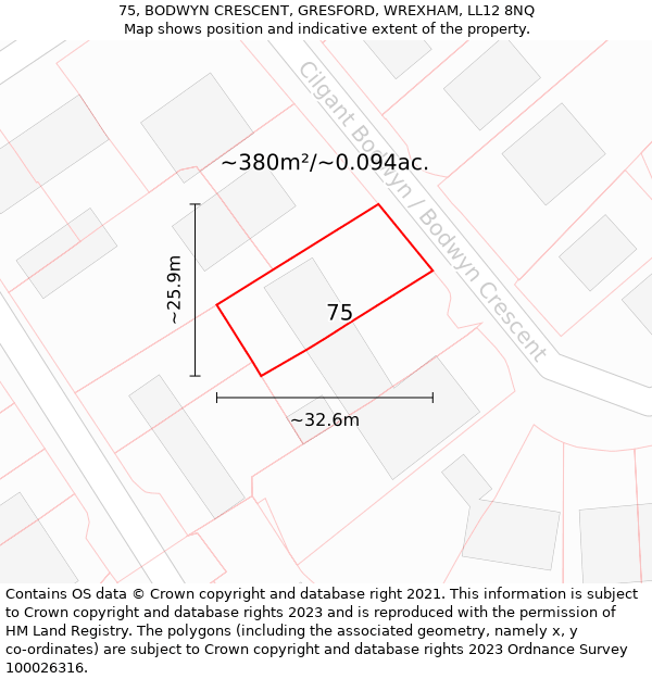 75, BODWYN CRESCENT, GRESFORD, WREXHAM, LL12 8NQ: Plot and title map