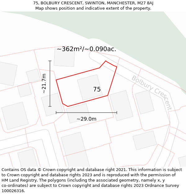 75, BOLBURY CRESCENT, SWINTON, MANCHESTER, M27 8AJ: Plot and title map