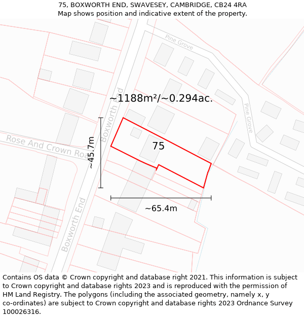 75, BOXWORTH END, SWAVESEY, CAMBRIDGE, CB24 4RA: Plot and title map