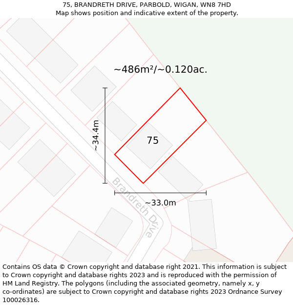 75, BRANDRETH DRIVE, PARBOLD, WIGAN, WN8 7HD: Plot and title map