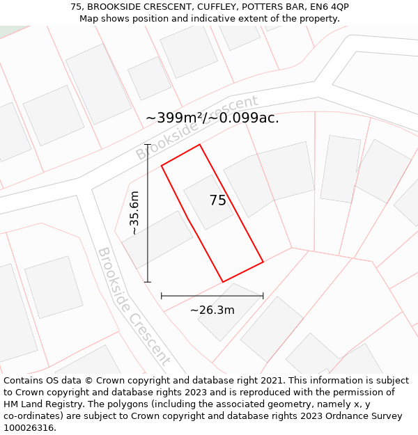 75, BROOKSIDE CRESCENT, CUFFLEY, POTTERS BAR, EN6 4QP: Plot and title map