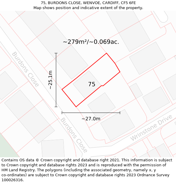 75, BURDONS CLOSE, WENVOE, CARDIFF, CF5 6FE: Plot and title map