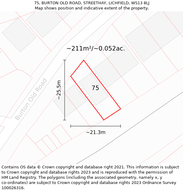 75, BURTON OLD ROAD, STREETHAY, LICHFIELD, WS13 8LJ: Plot and title map