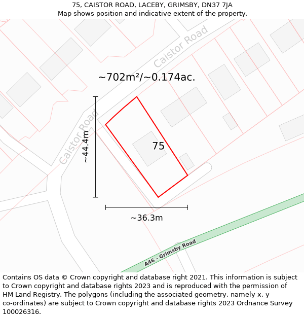 75, CAISTOR ROAD, LACEBY, GRIMSBY, DN37 7JA: Plot and title map