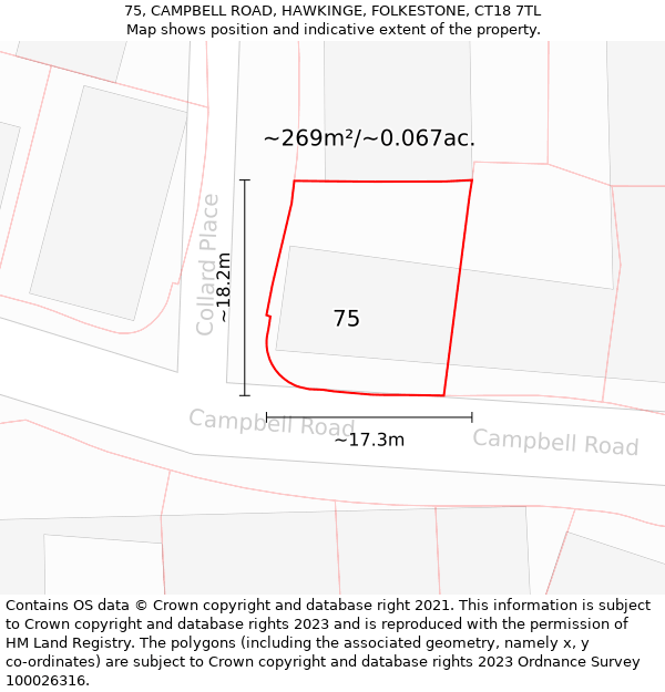 75, CAMPBELL ROAD, HAWKINGE, FOLKESTONE, CT18 7TL: Plot and title map