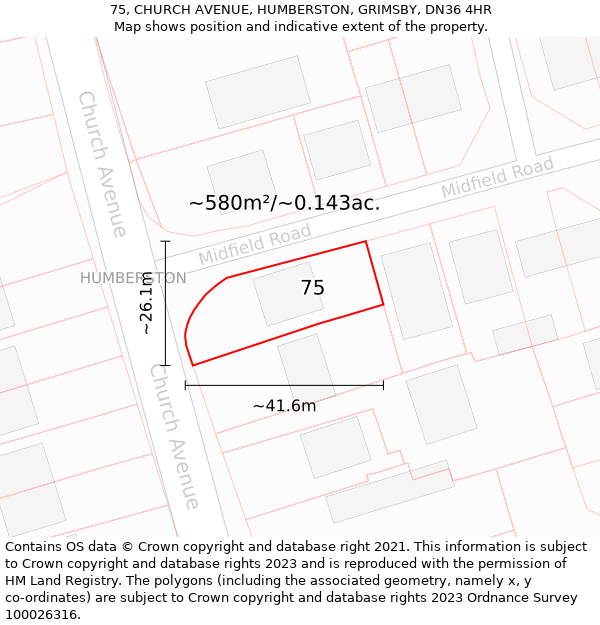 75, CHURCH AVENUE, HUMBERSTON, GRIMSBY, DN36 4HR: Plot and title map