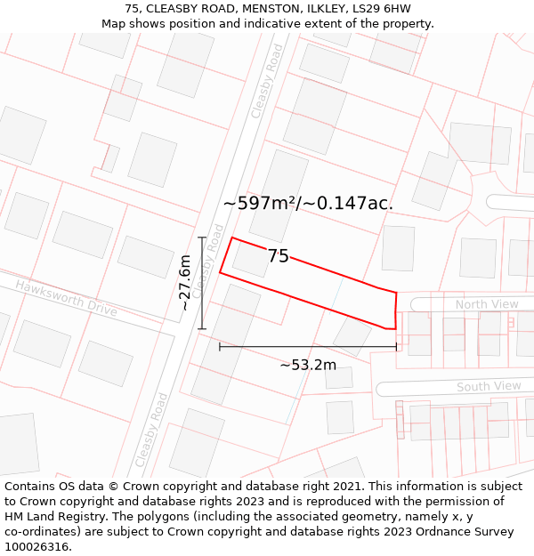 75, CLEASBY ROAD, MENSTON, ILKLEY, LS29 6HW: Plot and title map