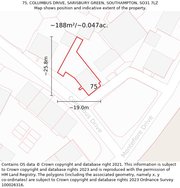 75, COLUMBUS DRIVE, SARISBURY GREEN, SOUTHAMPTON, SO31 7LZ: Plot and title map