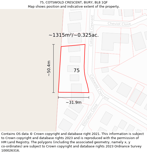 75, COTSWOLD CRESCENT, BURY, BL8 1QF: Plot and title map