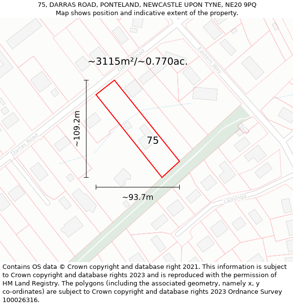 75, DARRAS ROAD, PONTELAND, NEWCASTLE UPON TYNE, NE20 9PQ: Plot and title map