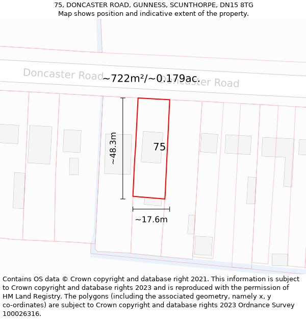 75, DONCASTER ROAD, GUNNESS, SCUNTHORPE, DN15 8TG: Plot and title map