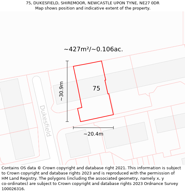 75, DUKESFIELD, SHIREMOOR, NEWCASTLE UPON TYNE, NE27 0DR: Plot and title map