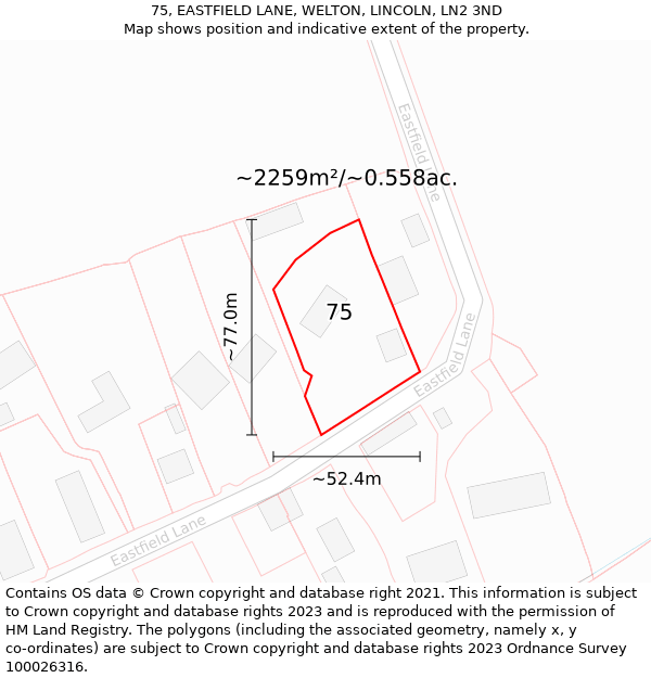 75, EASTFIELD LANE, WELTON, LINCOLN, LN2 3ND: Plot and title map
