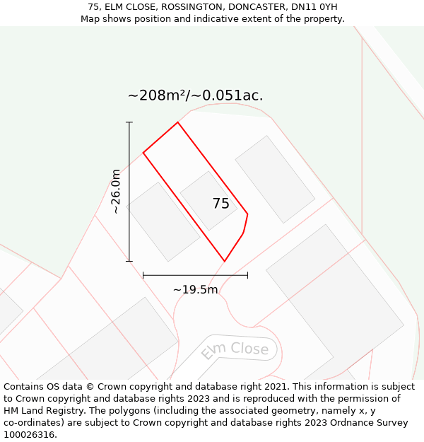 75, ELM CLOSE, ROSSINGTON, DONCASTER, DN11 0YH: Plot and title map