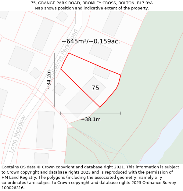 75, GRANGE PARK ROAD, BROMLEY CROSS, BOLTON, BL7 9YA: Plot and title map