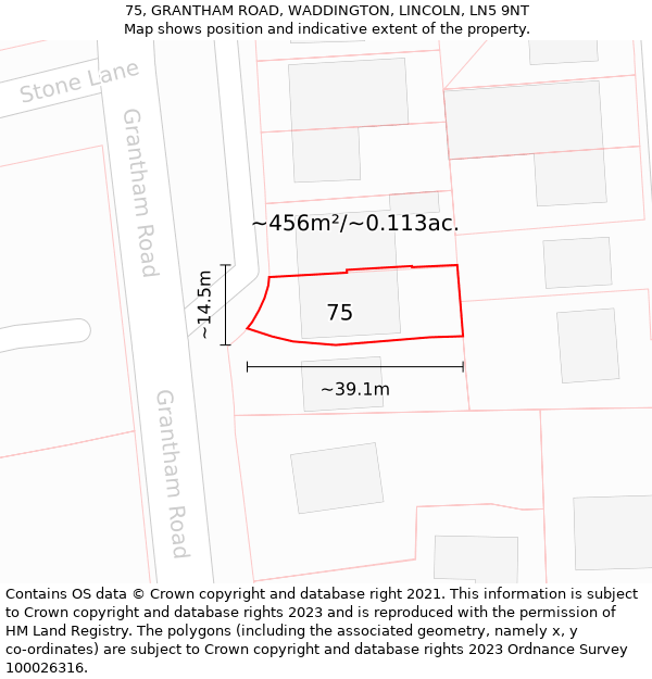 75, GRANTHAM ROAD, WADDINGTON, LINCOLN, LN5 9NT: Plot and title map