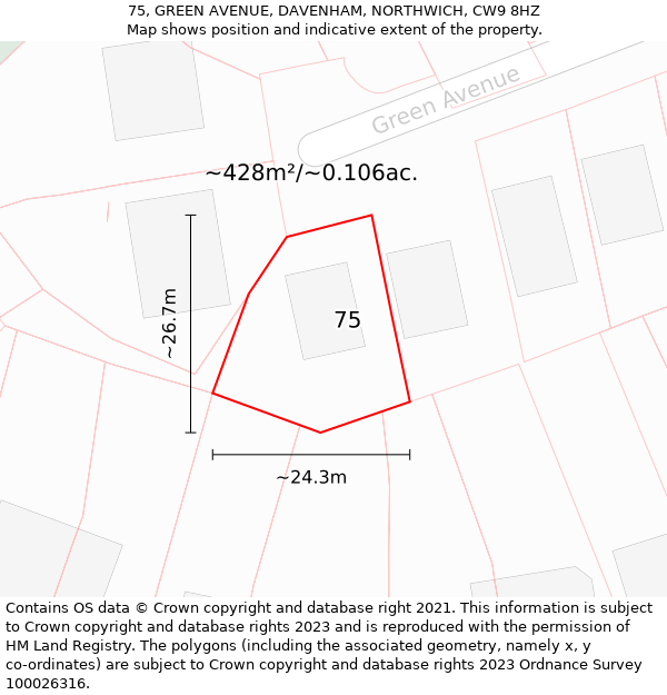 75, GREEN AVENUE, DAVENHAM, NORTHWICH, CW9 8HZ: Plot and title map