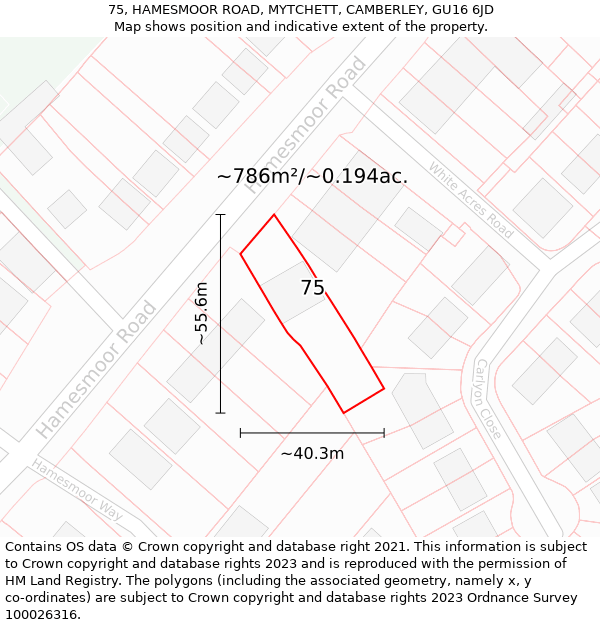 75, HAMESMOOR ROAD, MYTCHETT, CAMBERLEY, GU16 6JD: Plot and title map