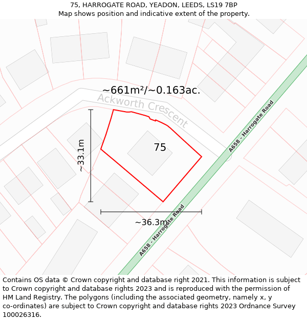 75, HARROGATE ROAD, YEADON, LEEDS, LS19 7BP: Plot and title map