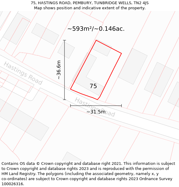 75, HASTINGS ROAD, PEMBURY, TUNBRIDGE WELLS, TN2 4JS: Plot and title map